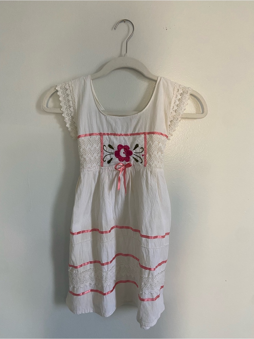 Vintage White & Pink Floral Embroidered Girls Dress
